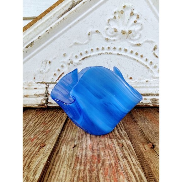 Art Glass Blue Swirl Handkerchief Vase Bowl Signed S, Designs - Picture 1 of 8